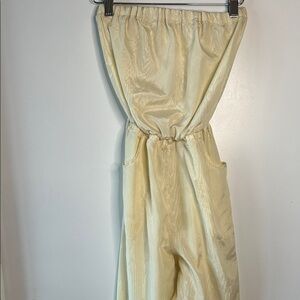 Vintage Strapless Cream Jumpsuit Textured Woodgrain Fabric Wide Leg